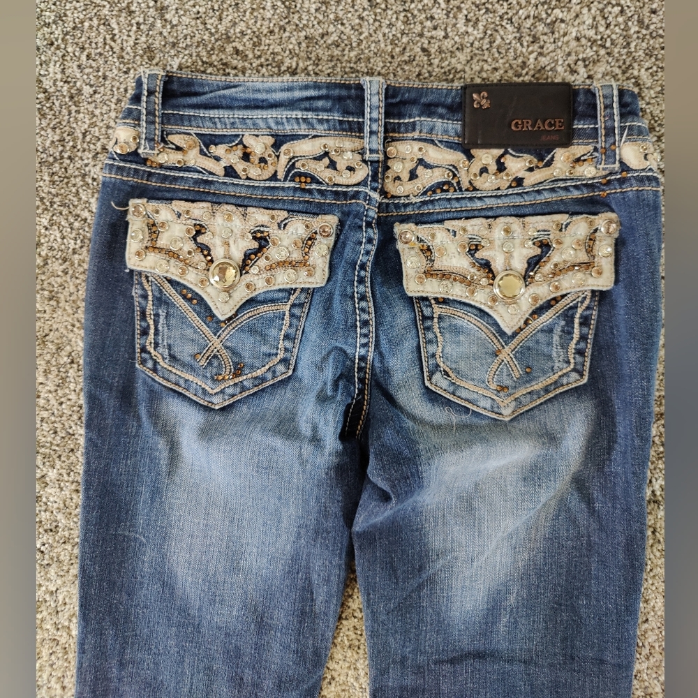 Grace In LA Jeans Sequin Slightly Distressed Boot Cut Blue Jeans Women's 27.